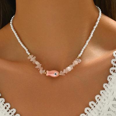 Bohemian Beach Holiday Ceramic Fish Pendant Necklace with Faux Pearl Beads