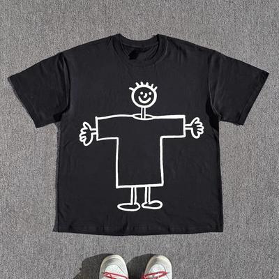 "Heavyweight Pure Cotton Non-transparent!" Fun Line Figure Student Personality Printed Short-sleeved T-shirt for Girls