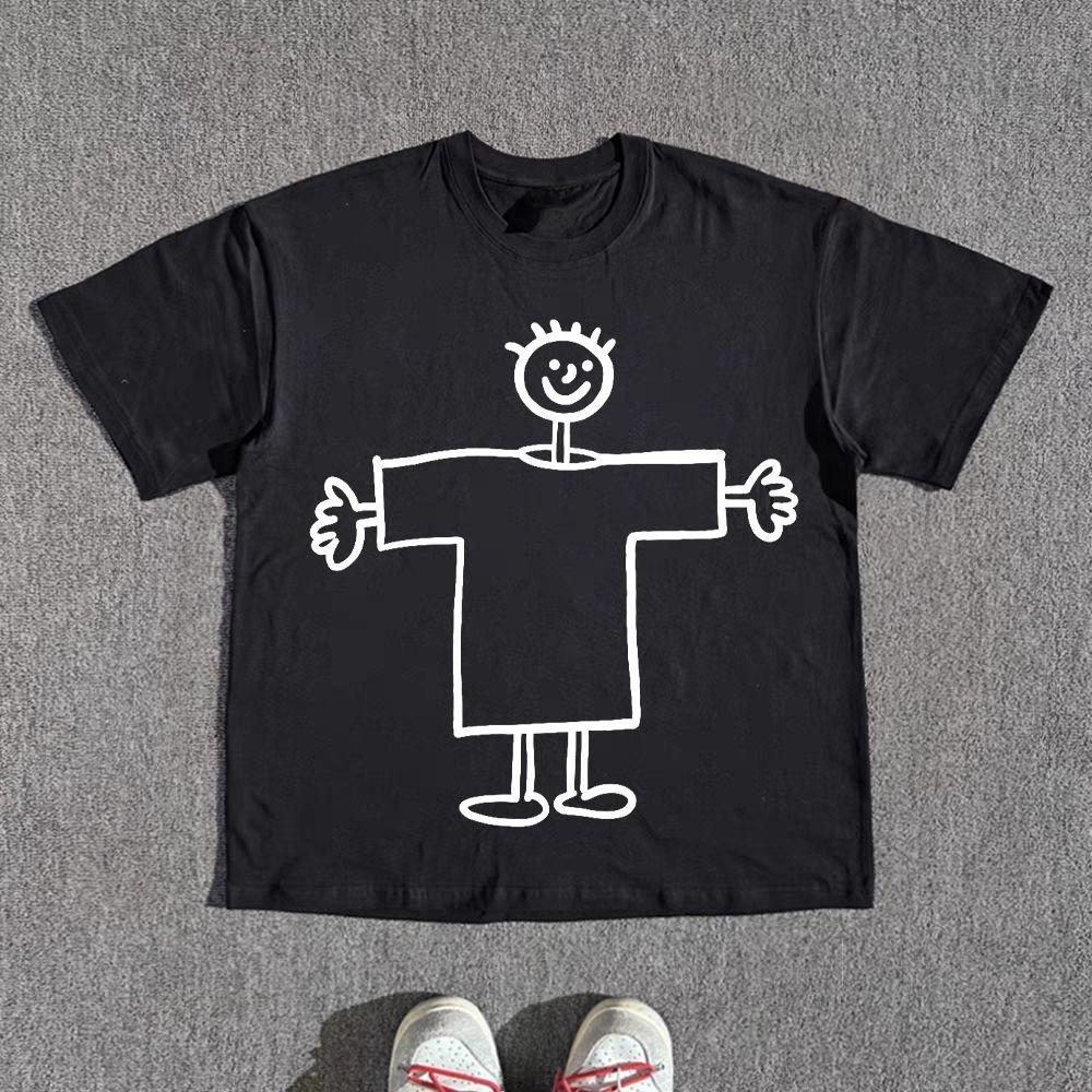 

Heavyweight Pure Cotton Non-transparent! Fun Line Figure Student Personality Printed Short-sleeved T-shirt for Girls 4XL