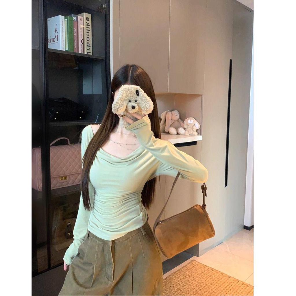 Korean Off-Shoulder Chain Pleated Long Sleeve Autumn Top