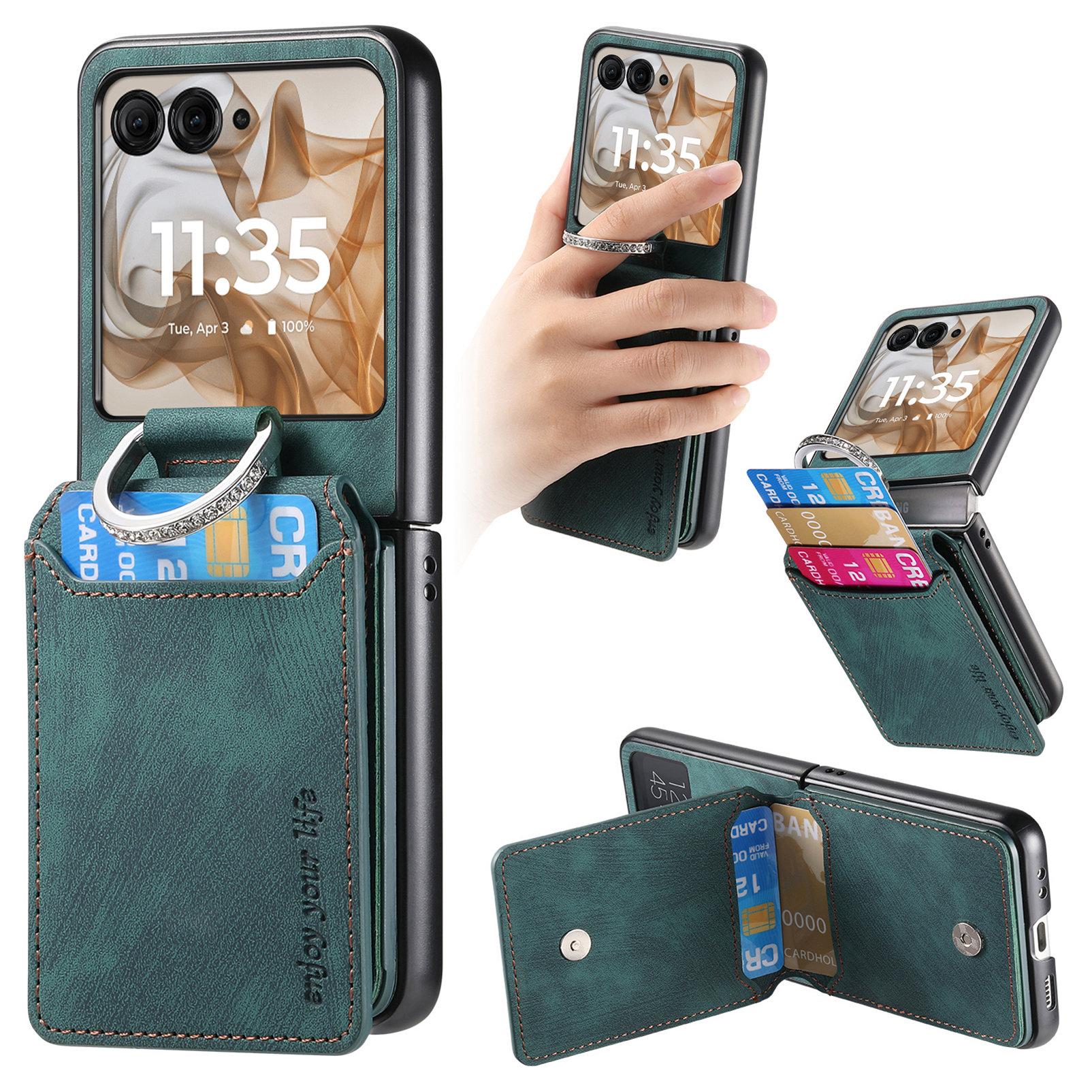

For Motorola Razr 60/50 5G Case Card Holder Kickstand Retro Texture Leather Back Cover Green