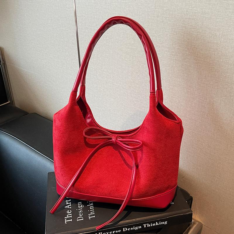 Trend PU Splicing Faux Suede Women Shoulder Bag Autumn Winter Vintage Bow Decor Magnetic Buckle Handbags Casual Underarm Pack