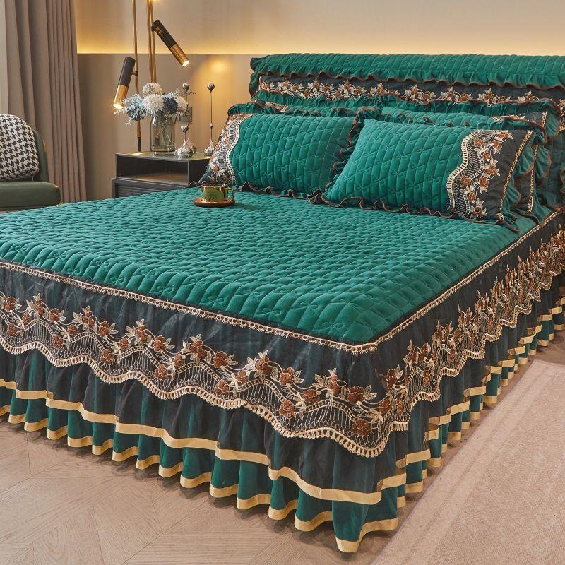 Sada vintage stylu volánu na postel a povlaků na polštáře - 3dílná vyšívaná krajková ozdoba, zesílená prošívaná ložní souprava, pratelná v pračce, celoroční pohodlí pro domov