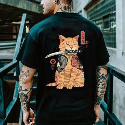 T-shirt à manches courtes et col rond pour homme, vêtement d'extérieur, Hip Hop, Harajuku, Vintage, décontracté, ample, avec chat de samouraï imprimé