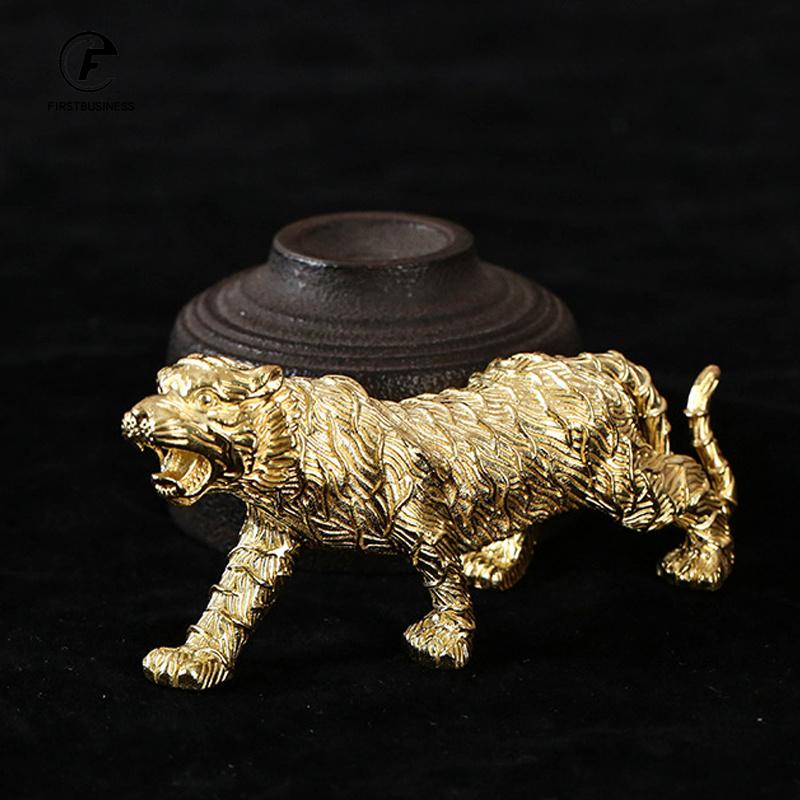 Solid Brass Big Tiger Statue Desktop Ornament Tea Pet Gold Color Animal Figurines Paperweight Home Decoration Crafts Accessories