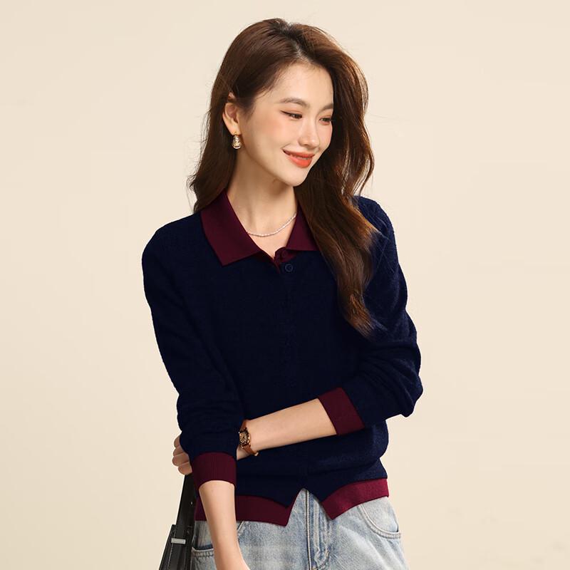 

Women s 100% Wool Faux Two-Piece Knit Cardigan Sweater with Shirt Collar L