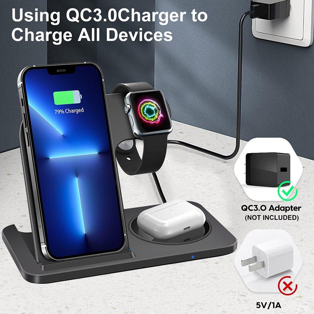 15W 3 in 1 Wireless Charger Stand For iPhone 13 12 11 Max Fast Foldable Charging Station Dock For Apple Watch AirPods Pro