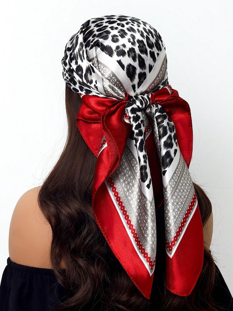 90cm Leopard Print Neckerchief Hijab Scarf For Women Silk Satin Headband Hair Scarves Female Square Shawls Ladies Head Bandana