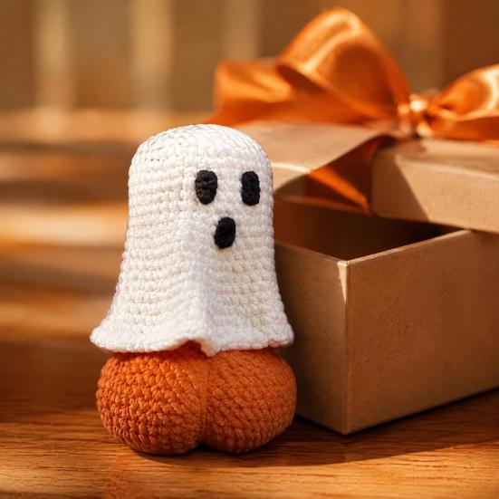 Handcrafted Wool Toy 2 Pcs Crochet Ghost And Pumpkin Set, Handmade Knitted Halloween Creative Photo Props Dolls, Funny Desk Decoration, Quirky