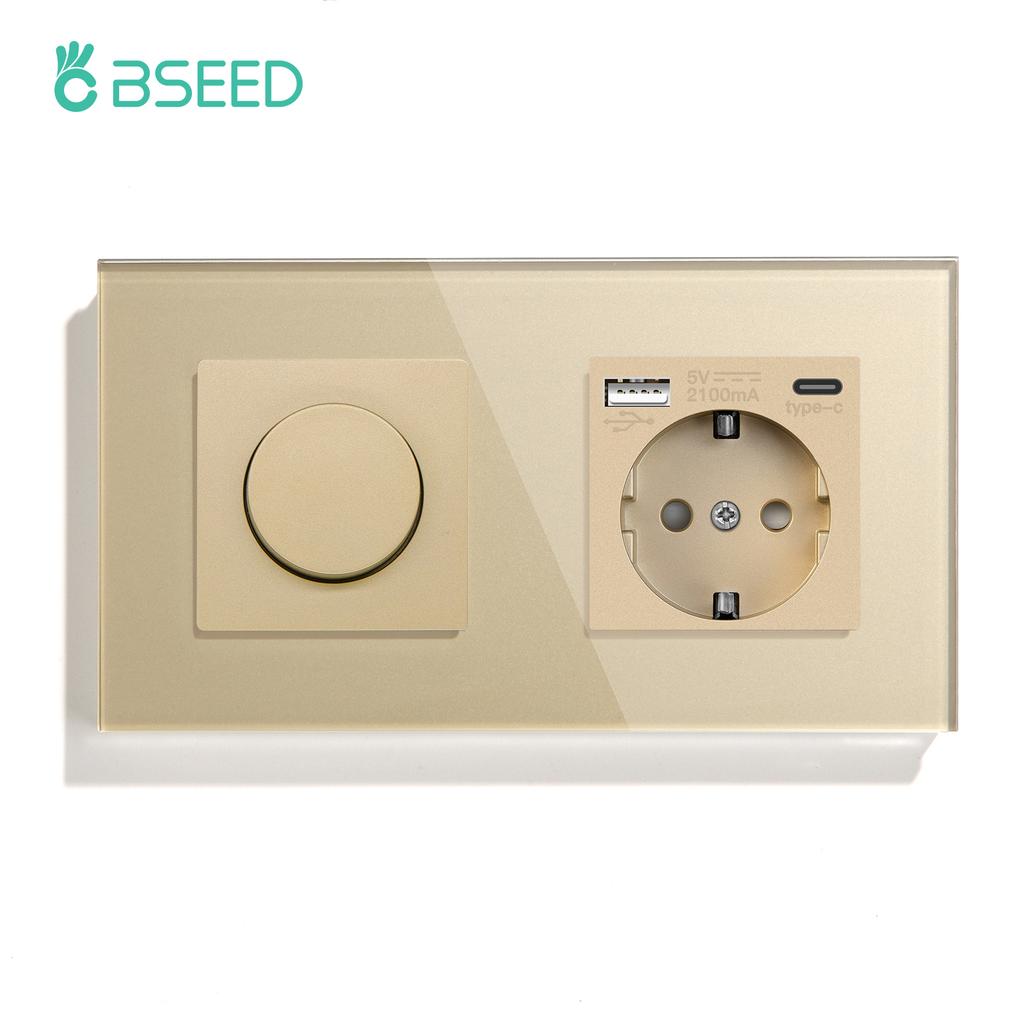 BSEED Mechanical Dimmer Fan Switch With 1/2/3Gang Wall Light Switches EU Socket USB Type-c Power Ports  2.1A Glass Panel
