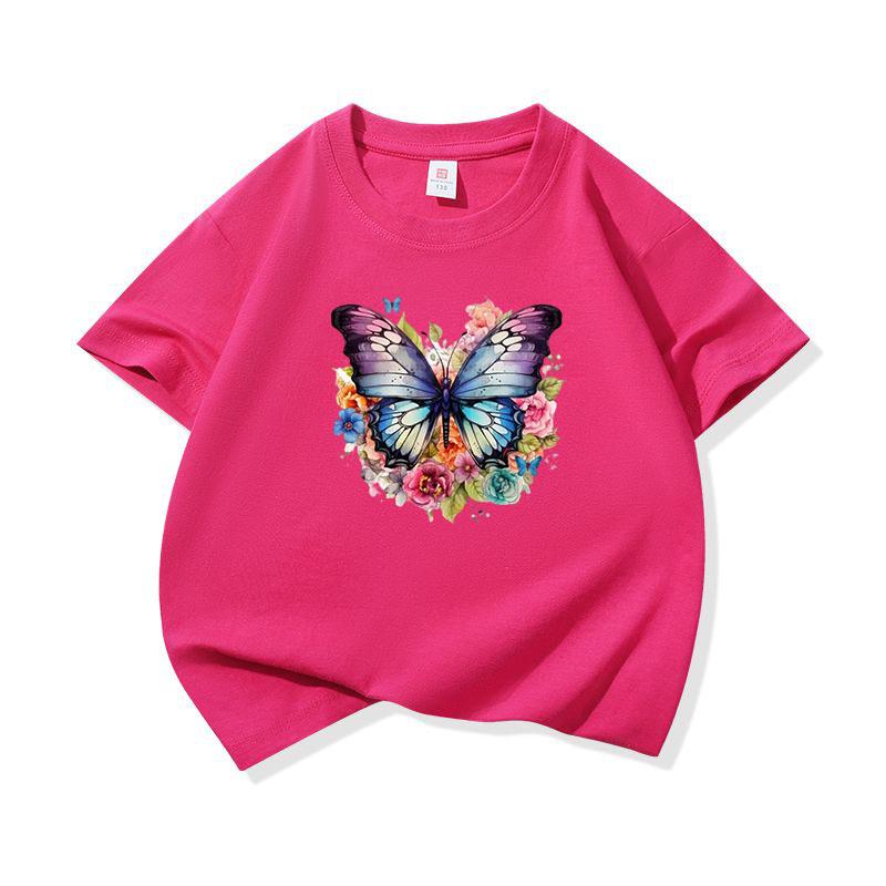 Kids Cotton T Shirt Colorful Floral Watercolor Butterfly Print Crew Neck Short Sleeve Tee Casual Boys Girls Summer Tops