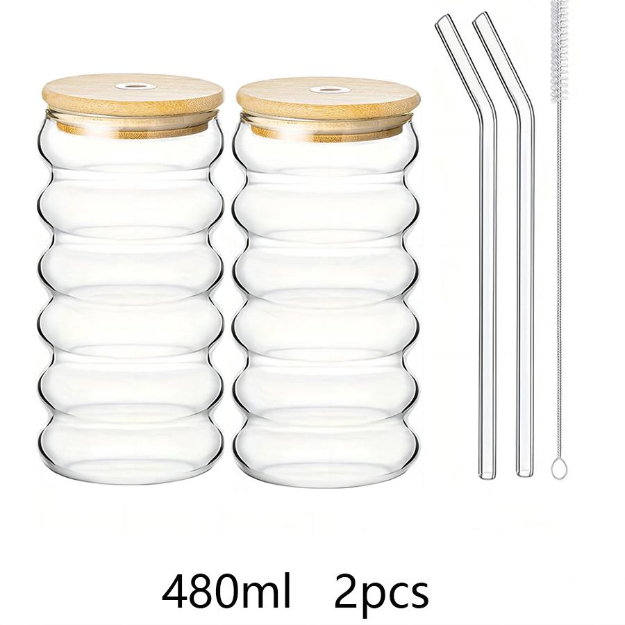 350/480ml With Lid And Straw Set Of 2pcs Heat-resistant Wave Cup Beer Juice Ice Coffee Cups Cocktail Fruit Glass Drinkware