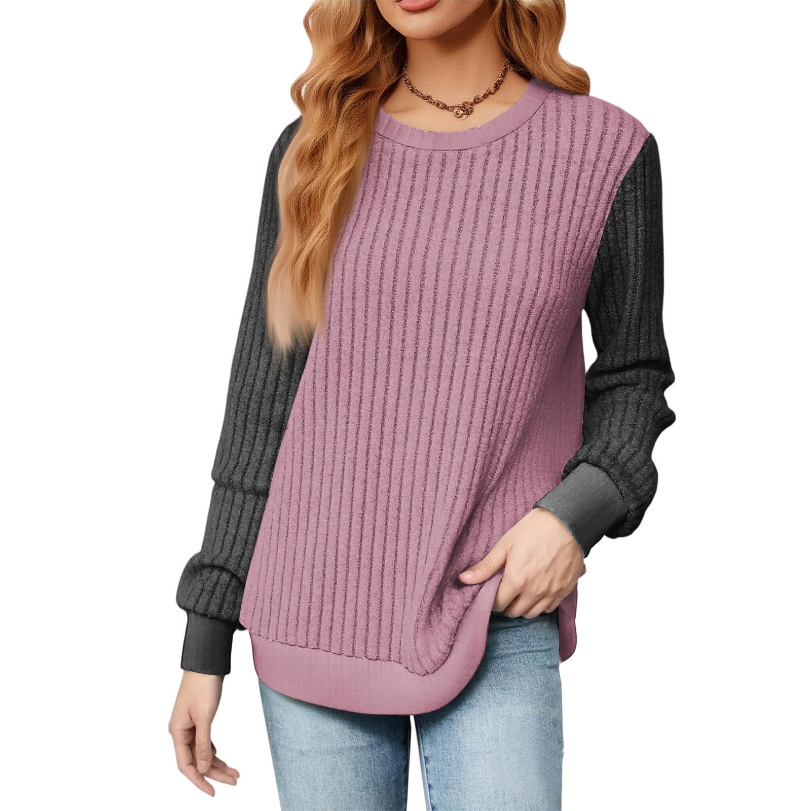 

Модный женский легкий свитер с длинными рукавами и цветными блоками, свободный топ с круглым вырезом M розовый