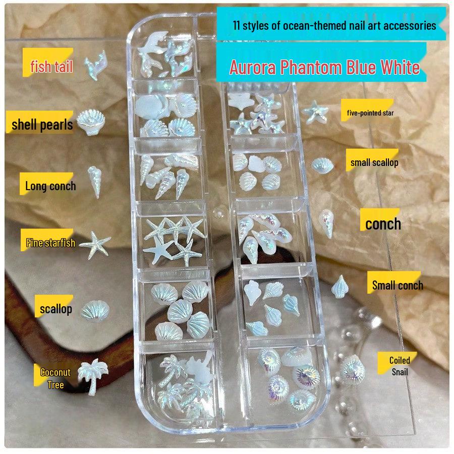 Ocean Style Seashell Nail Art Kit: 3D Shell, Starfish, Resin Ornaments with 12-Grid Box