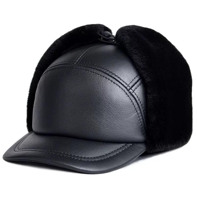 Men's Genuine Leather Winter Hat - Lei Feng Style with Ear Protection, Warm Cotton Lining for Middle-Aged and Elderly