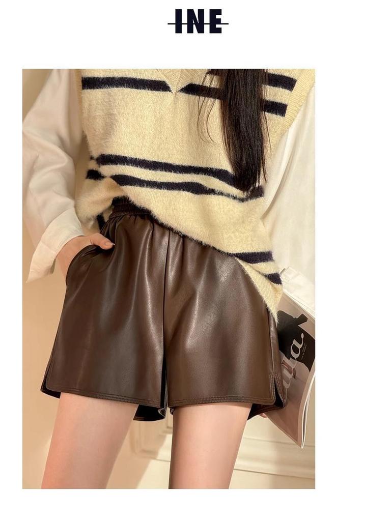 Women's PU Leather High-Waist Bootcut Shorts - 2024 Autumn/Winter Plus Size Fashion