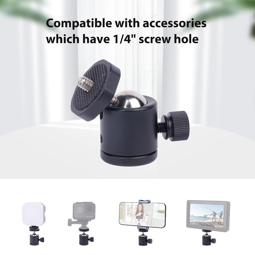 Mini Ball Head 1/4'' Screw Swivel Tripod Head Mount 360 Degree Rotating Base Adapter Ballhead for Camera Tripod Dash Cam Phone
