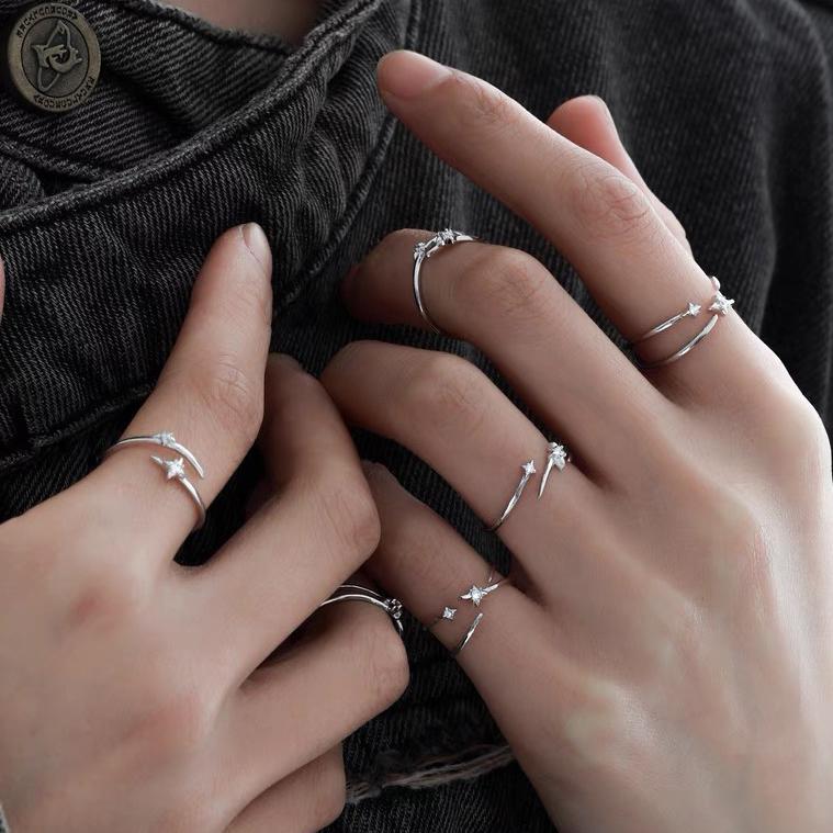 PONYKISS 925 Silver Zircon Star Line Cross Opening Rings for Women Cute Fine Jewelry Minimalist Personality Accessories