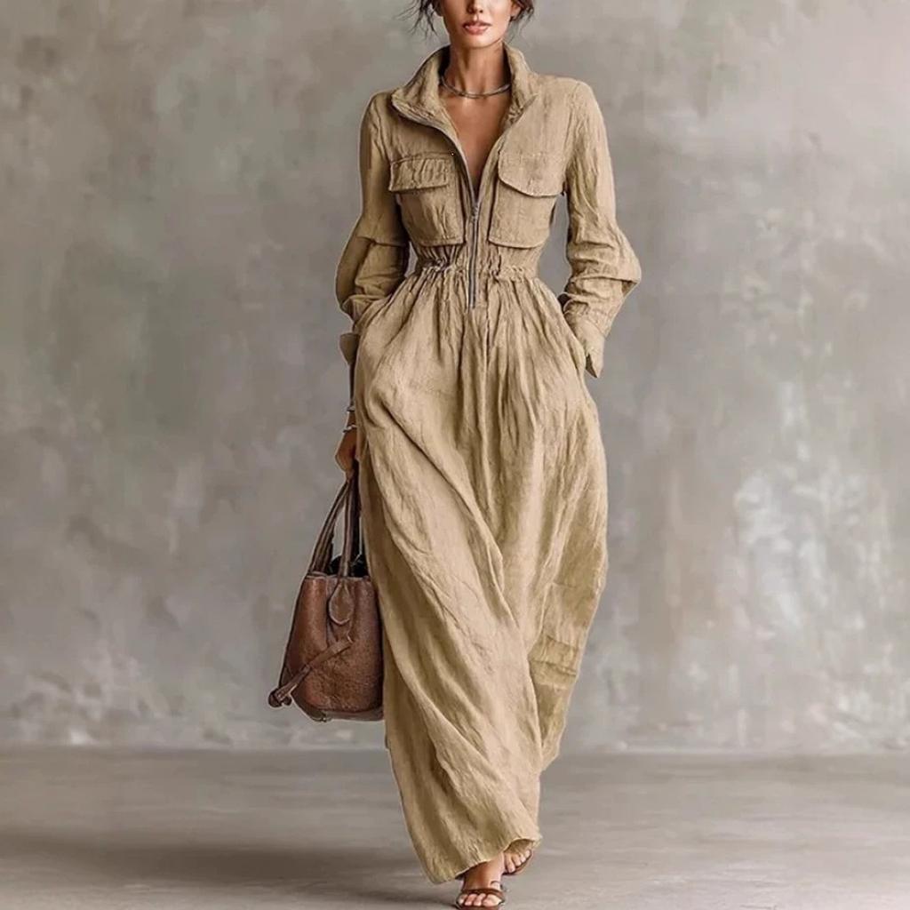 Women's Long Dress with Zipper Front, Lapel Collar and Elastic Waist for Everyday Wear