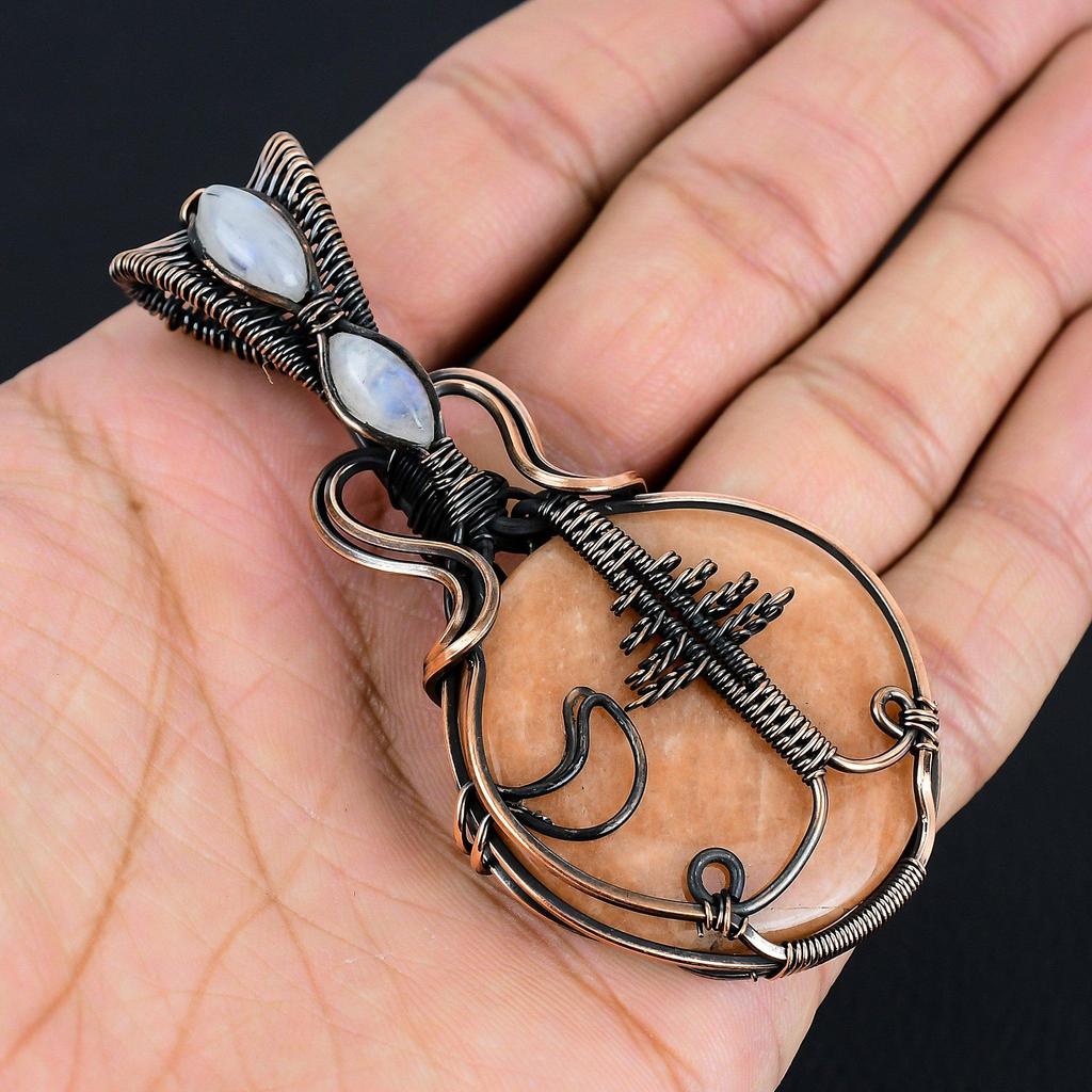 Orange Amazonite Pendant, Handmade Gemstone 999 Copper Wire Wrapped Pendant Antique Jewelry, For Gift Silver Jewelry
