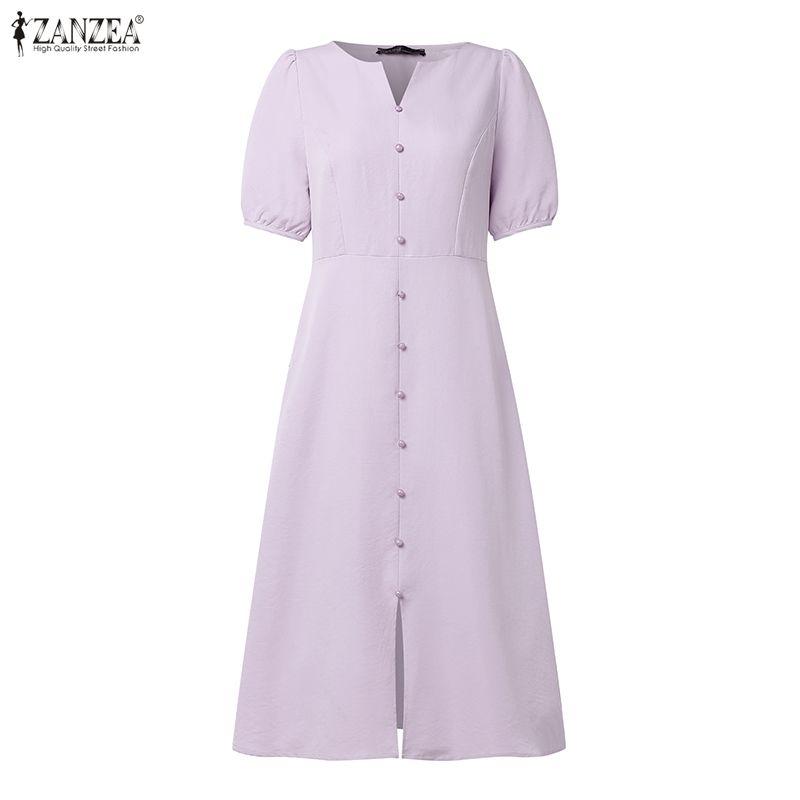 ZANZEA Women Casual V-Neck Solid Color Short Sleeve Midi Dress