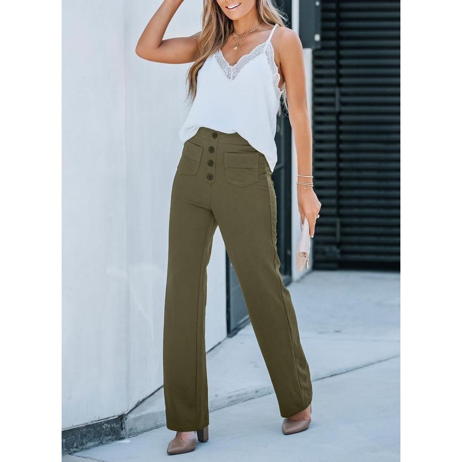 Fashionable Women's Casual Straight Leg Pants with High Waist Button Elastic Band Multiple Pockets Trousers Women’s