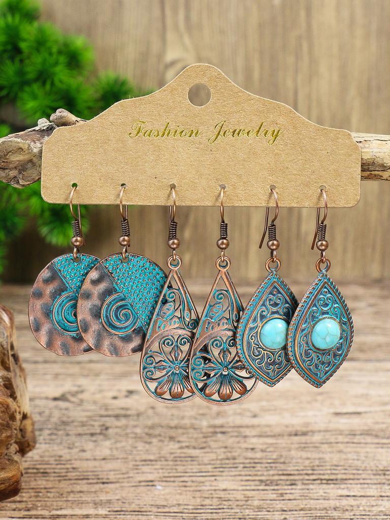 Vintage Boho Blue Stone Geometric Dangle Earrings for Women Ethnic Silver Color Hollow Water Drop Earrings Jhumka Zircon Gift