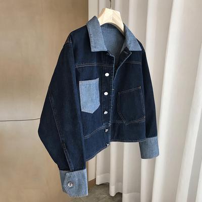 Spring Autumn Retro Contrasting Color Laple Denim Jacket for Women Loose Single-breasted Coats Casual Versatile Short Top