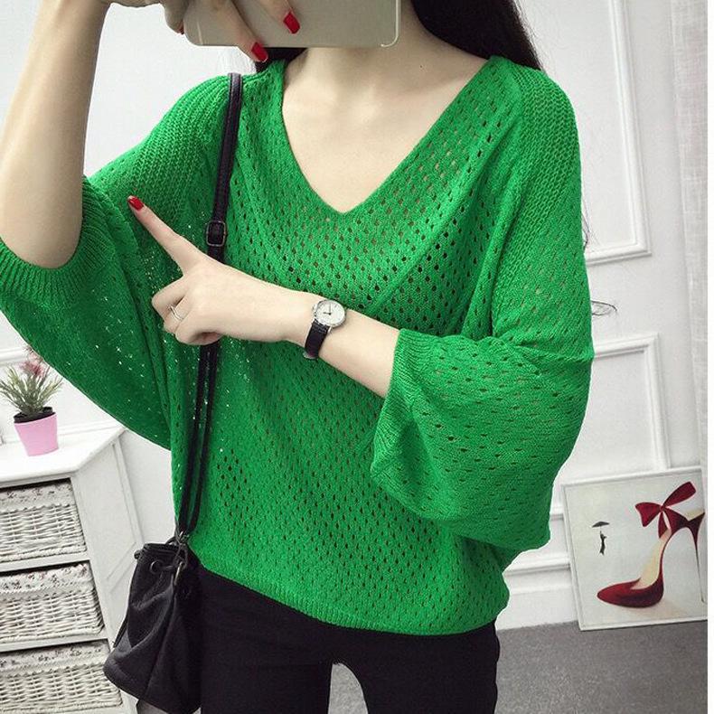 Pulover cu decolteu în V cu secțiune subțire Pulover din tricot Topuri pentru femei Dimensiune mare Pulover cu schelet cu mâneci de șapte minute Cămașă lejeră pentru femei