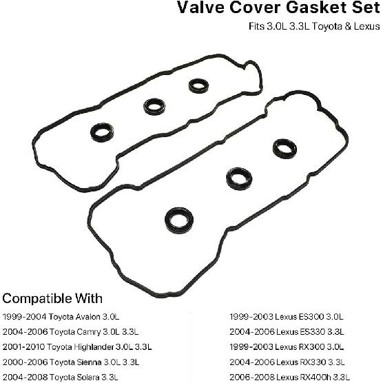 Valve Cover Gasket Set - Compatible With 3.0L 3.3L Toyota Camry, Avalon, Sienna, Highlander, Solara, Lexus ES300, ES330, RX300, RX330, RX400H -