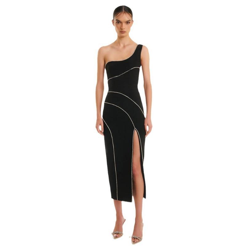 New One-shoulder Dress with Drill Chain Split Sexy Bandage Skirt Elegant Women's Clothing Party Evening Dress Outside