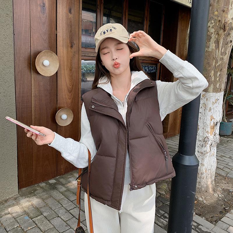 Cotton Vest Women's Short Solid Color Stand-up Collar Loose Cotton Vest Jacket Cotton Vest Sleeveless Cotton Vest Tide