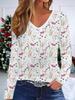 3D Flower Printed Fashion Casual Women's V-Neck Long Sleeve T-Shirt - New Year Party Clothing Holiday Gift