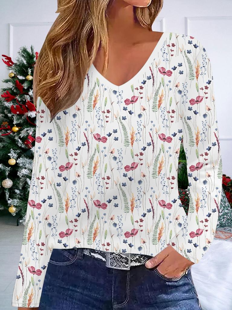 3D Flower Printed Fashion Casual Women's V-Neck Long Sleeve T-Shirt - New Year Party Clothing Holiday Gift
