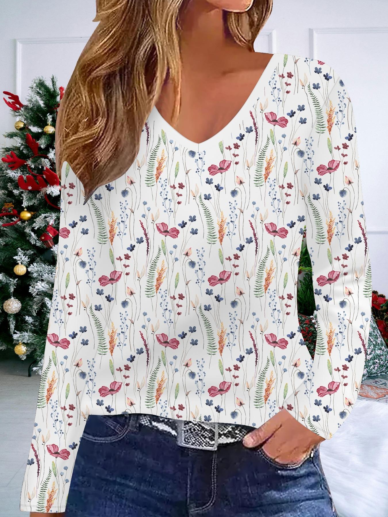 

Модная повседневная женская футболка с V-образным вырезом и длинными рукавами с 3D-принтом цветов - Одежда для новогодней вечеринки, праздничный подарок 6XL