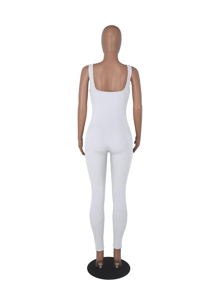 Ribbed Square Neck Sleeveless Bodysuit - Women's Solid Color Backless Slimming Sport Jumpsuit In Stock