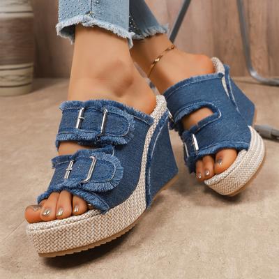 Comércio exterior novo tamanho grande salto plataforma fivela de cinto jeans um pedal chinelos frescos de verão femininos chinelos casuais