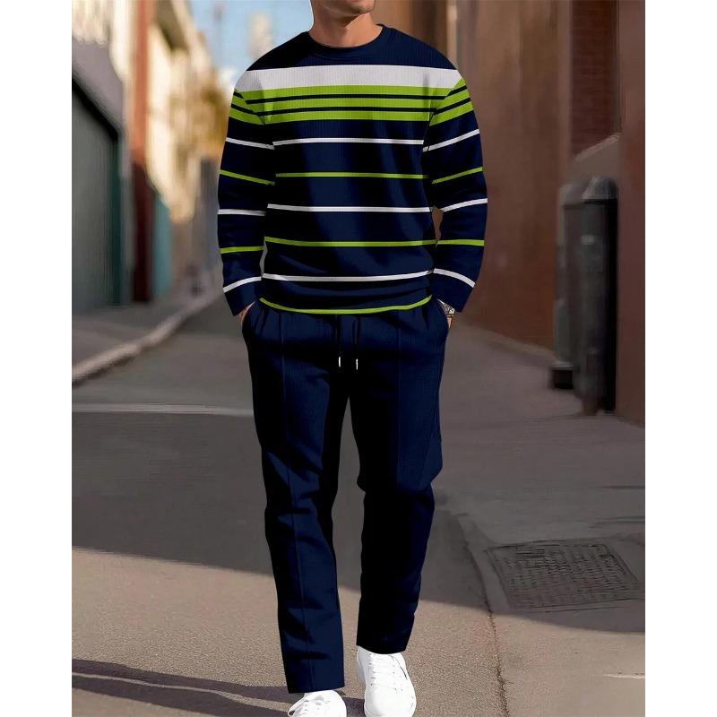 Men's Casual 2-Piece Set Comfortable Long-Sleeved Printing Round Neck Man T-Shirt and Drawstring Sport Two-Piece Sets