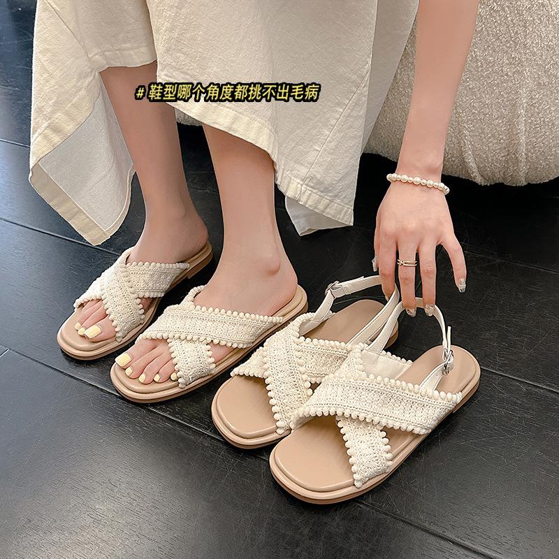 Sandale plate mamă strugure două versiuni~ vânt de vacanță împletite încruciș cu degete deschise papuci cool de purtat vară pentru femei