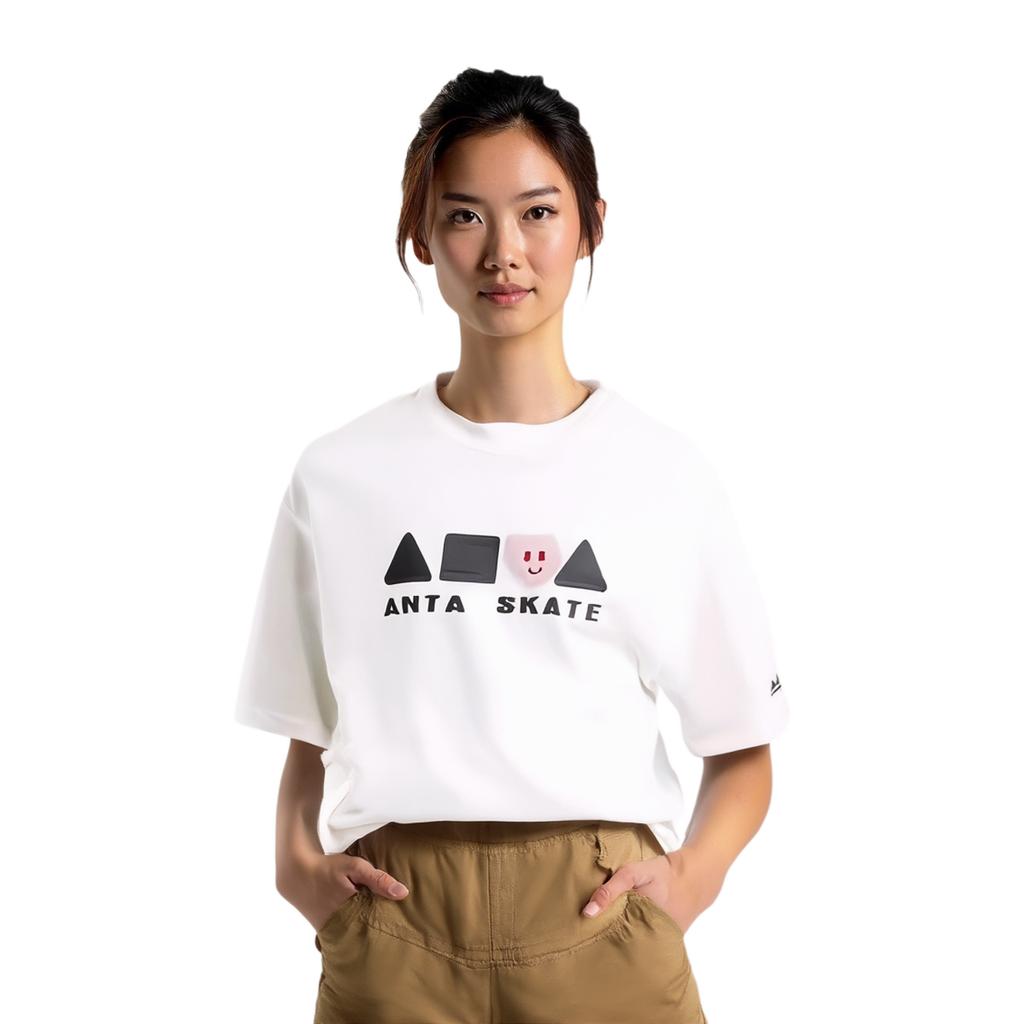 Anta Sports Lifestyle Series Letter Round Neck Comfortable Breathable Versatile Loose Short Sleeve T-Shirt Unisex Tops Paper-White 172528101-1