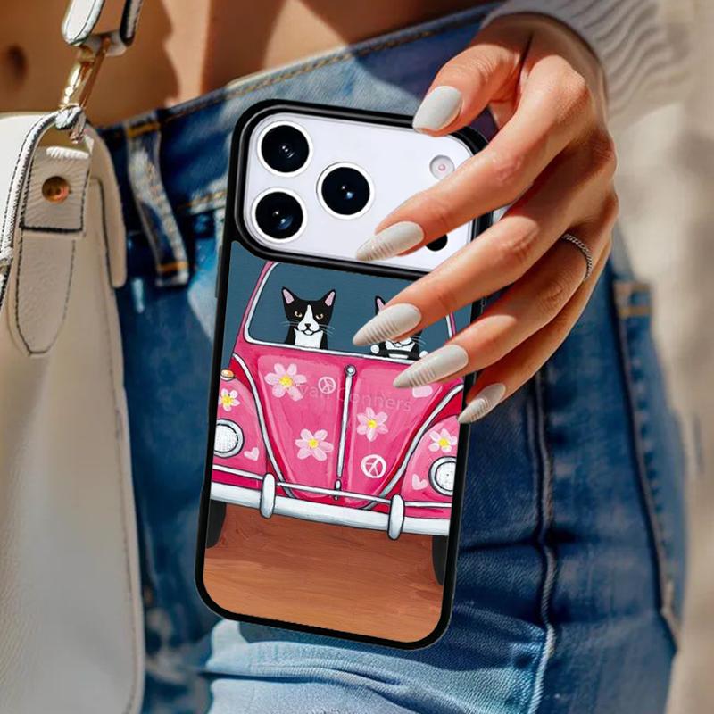 Hippy Peace Bus Cat Phone Case For iPhone 17 Air 14 15 13 12 Max Cover For Apple 14 15 16 16e 11 Pro Max Plus