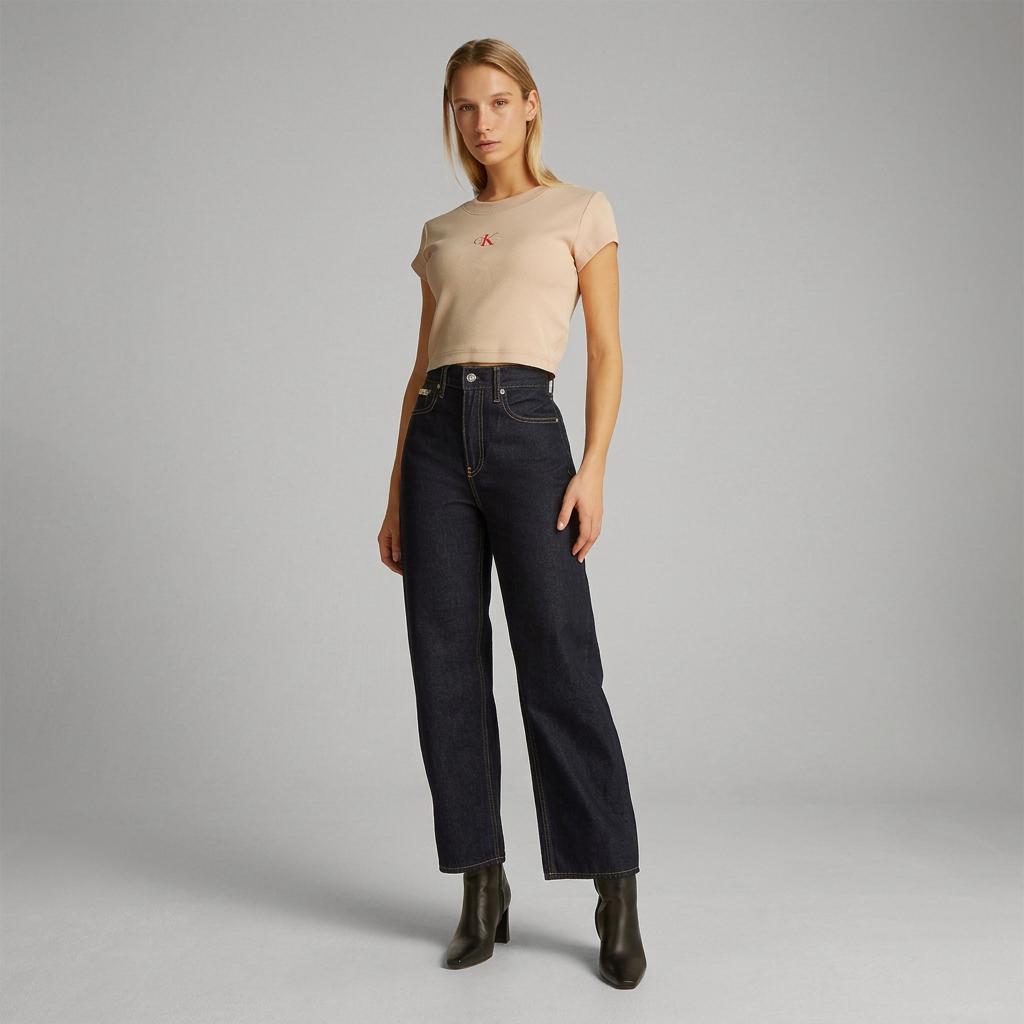 Calvin Klein Vitality Girl Short Ribbed Slim Fit Off-Shoulder Short Sleeve T-Shirt Women Tops 47AB802-RM7
