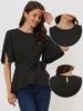 Allegra K Peplum Short Sleeve Split Crew Size M Women's Top, Blouse, Neck, Belted, Casual, Black,