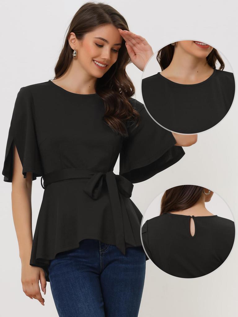 Allegra K Peplum Short Sleeve Split Crew Size M Women's Top, Blouse, Neck, Belted, Casual, Black,