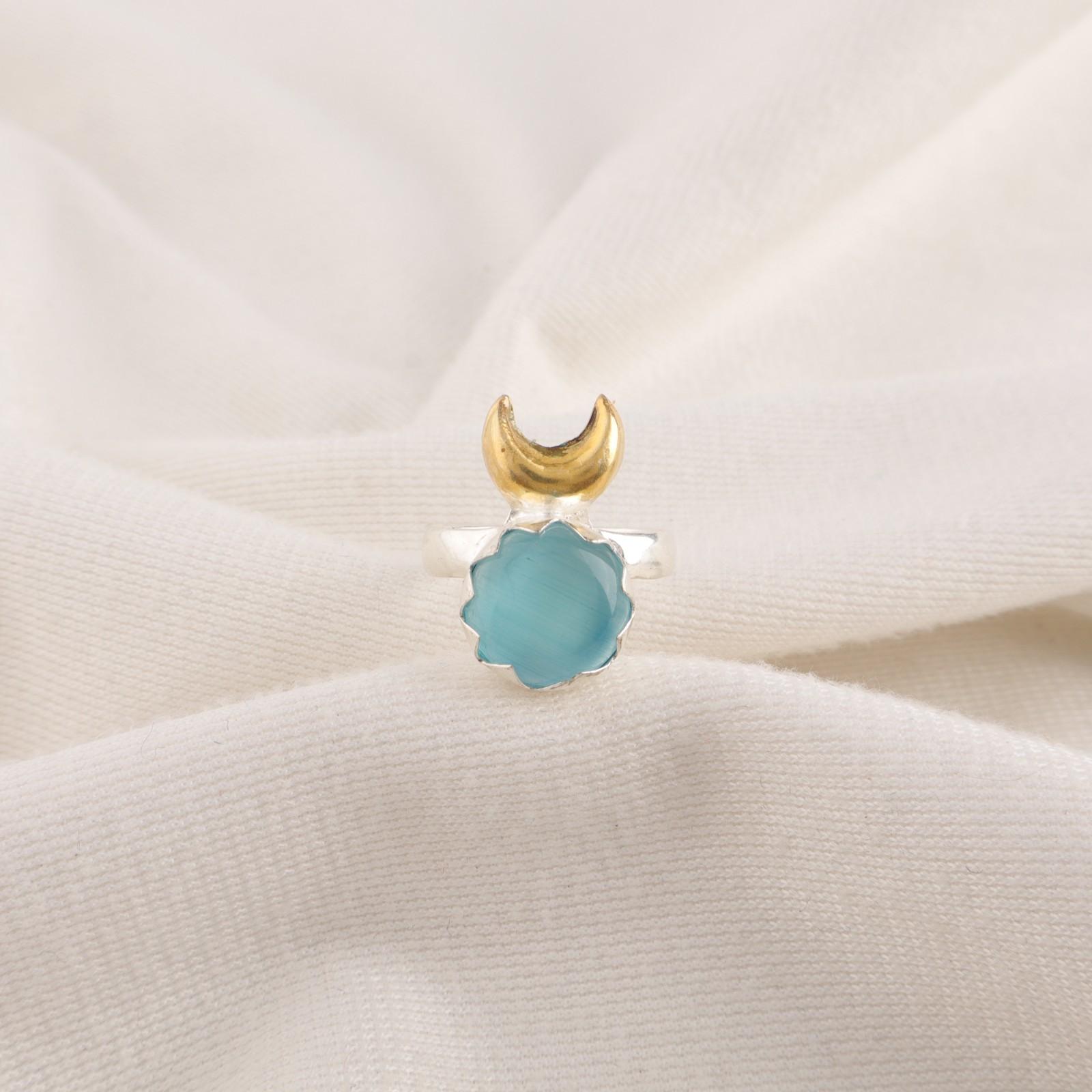 

Круглый Синий Камень Кошачий Глаз Стерлинговое Серебро Коктейльное Ручной Работы Подарок Маме Кольцо RR-58-48 15