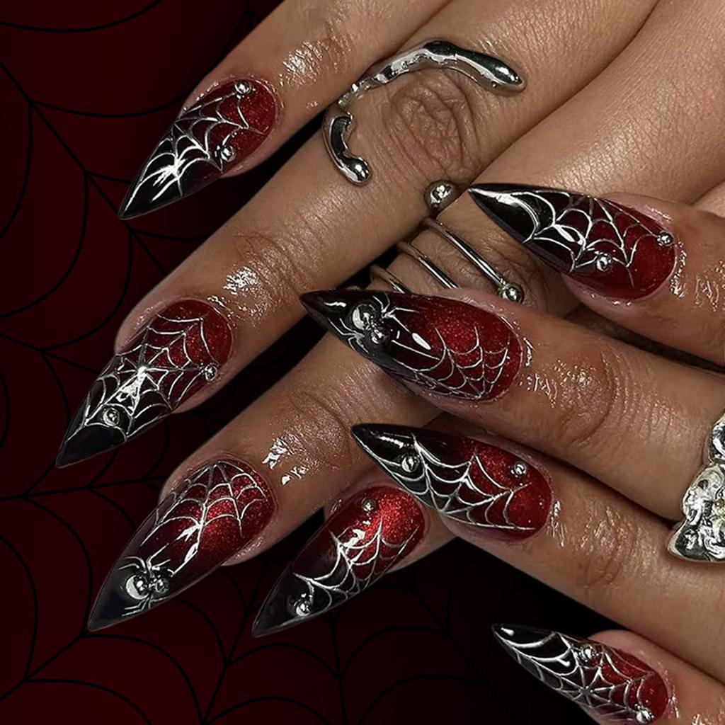 Halloween Press On Nails Almond Fake Nails Spider Acrylic Nails Glossy False Nails Stick On Nails Full Cover Fake Nails