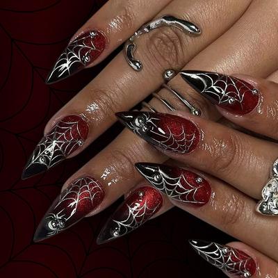 Halloweenowe Paznokcie Press-on Migdałowe Sztuczne Paznokcie Pająk Akrylowe Paznokcie Błyszczące Sztuczne Paznokcie Naklejane Paznokcie Pełne Krycie Sztuczne Paznokcie