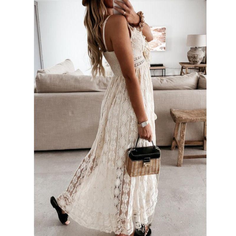 Summer New Arrival European and American Sexy V-neck Lace Cut-out Ruffled Irregular Swing Sling Dress Dress for Women