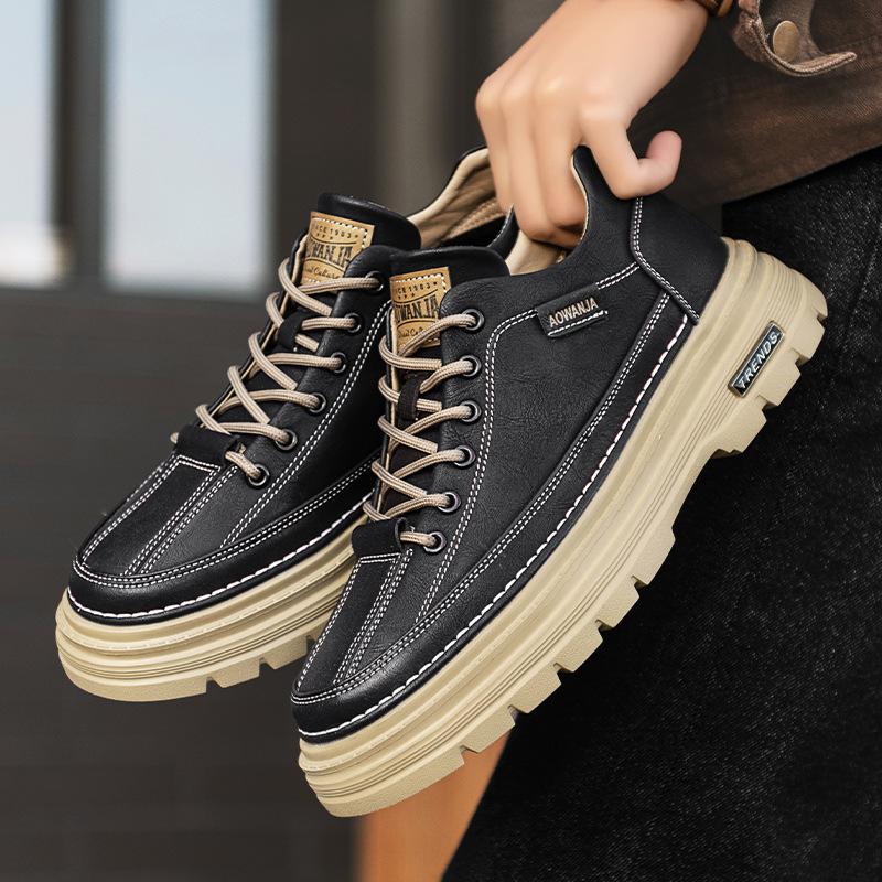 Shoes New Autumn and Winter British Casual Black Leather Shoes Medium Top Sports Platform Martin Boots