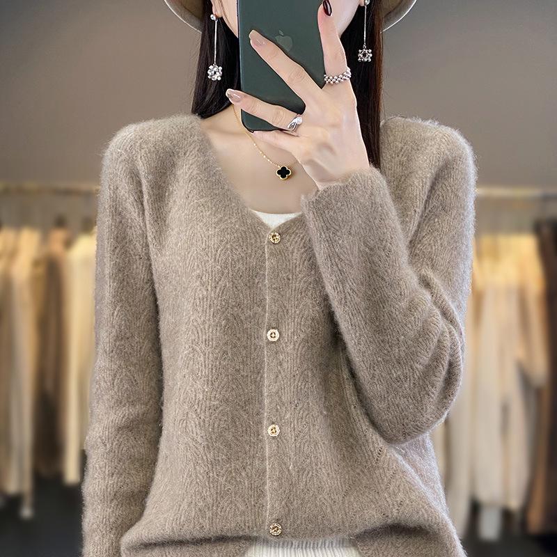 Women's Stylish V-neck Pure Wool Cardigan, Autumn/Winter Loose Knit Outerwear, Thickened Sweater Coat